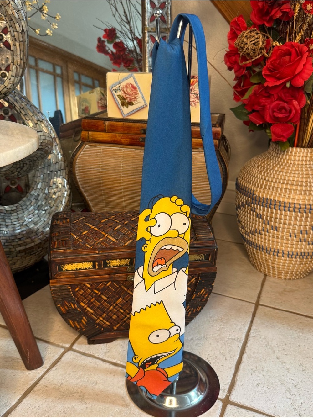 The Simpsons Homer & Bart Panicked Face Men's Blue Novelty Necktie Vintage Y2K